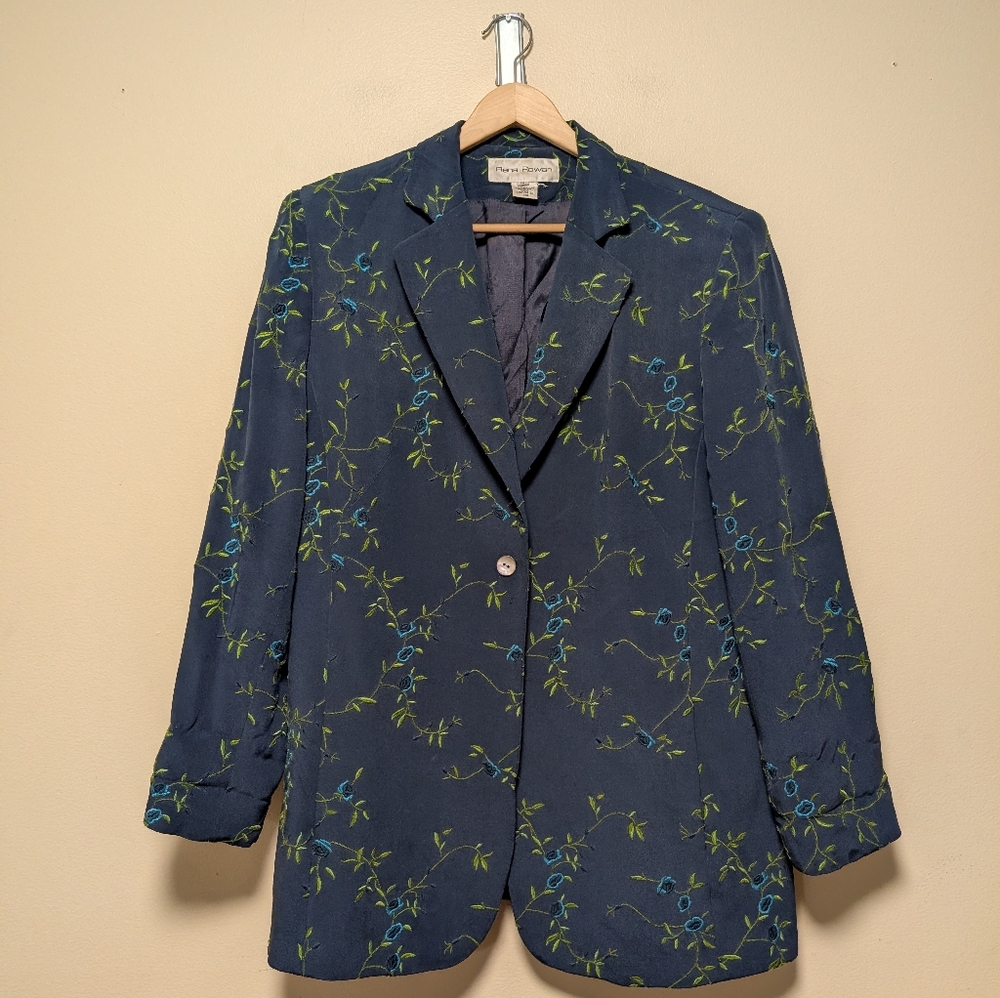 Rena Rowan Silk Embroidered Blazer Jacket Floral Blue Green Size 16